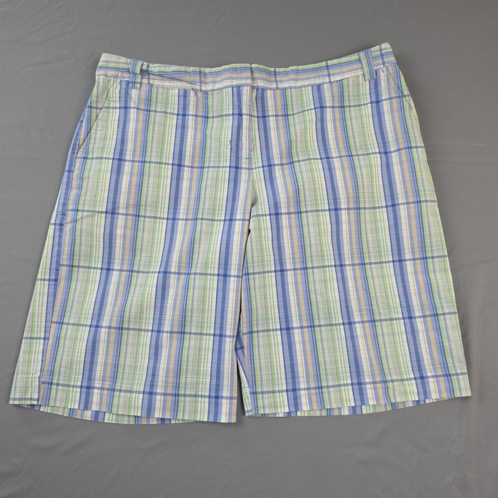 IZOD Plaid Flat Front Shorts 12 Blue Green Stretch Golf Casual Excellent